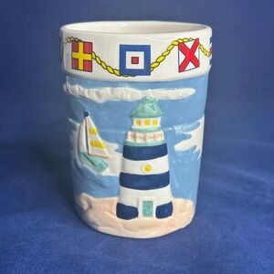 LaMont Hand Painted Ceramic Embossed Sailboat Nautical Flag Cup